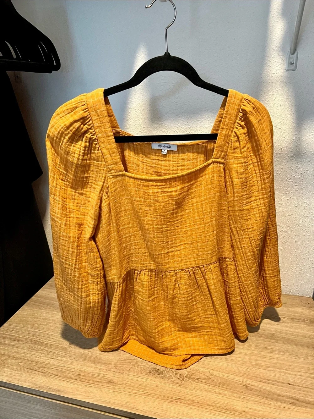 Madewell Mustard Square-Neck Puff Sleeve Peasant Top